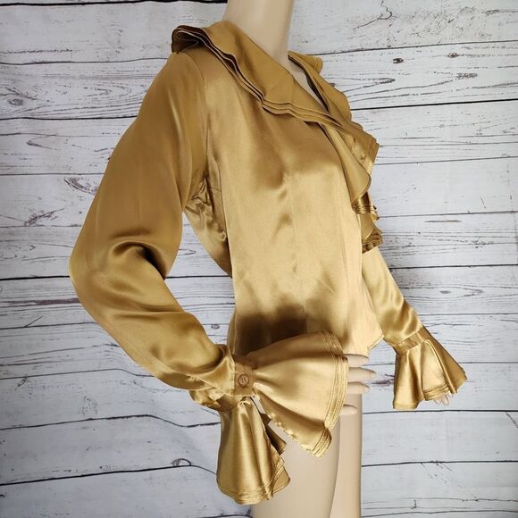 New Folio Saks Fifth Avenue Gold Silk Wrap Blouse 6 - Picture 3 of 9